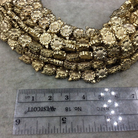 Gold Finish Flower Pattern Flower/Leaf Shape Plated Pewter Beads - 8" Strand (Approx. 24 Beads) - 7mm x 13mm - 1mm Hole Size