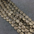 Gold Finish Scroll Pattern Coin/Round Shape Plated Pewter Beads (15026)- 8" Strand (Approx. 16 Beads) - 12mm x 12mm - 2mm Hole Size