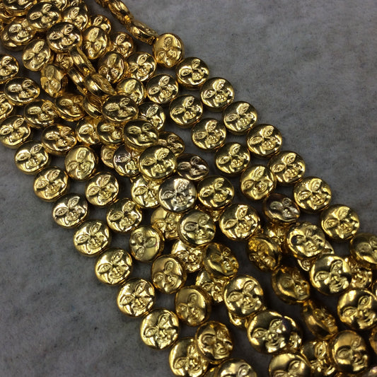 Gold Finish Face Pattern Coin/Round Shape Plated Pewter Beads - 8" Strand (Approx. 26 Beads) - 8mm x 8mm - 1mm Hole Size