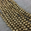 Gold Finish Floral Pattern Puffed Round Shape Plated Pewter Beads (03377)- 8" Strand (Approx. 34 Beads) - 6mm x 6mm - 1mm Hole Size