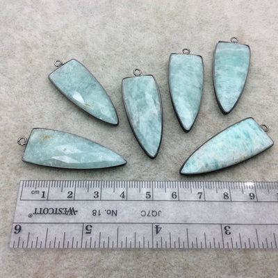 Gunmetal Plated Natural Amazonite Faceted Inverted Triangle Shaped Copper Bezel Pendant - Measures 15mm x 40mm - Sold Individually, Random