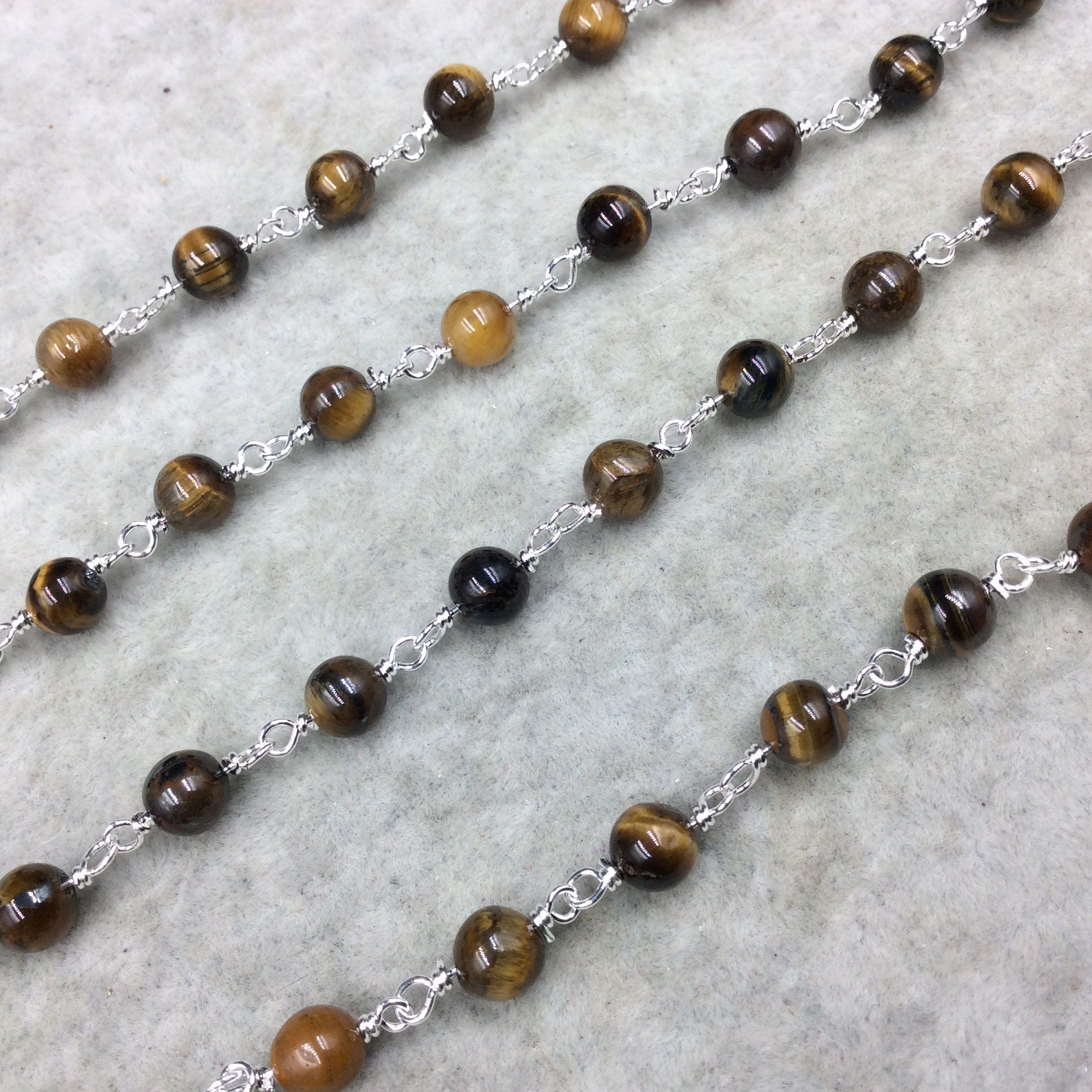 Tiger Eye Rosary Chain - 6mm Beaded Silver Plated Copper Chain