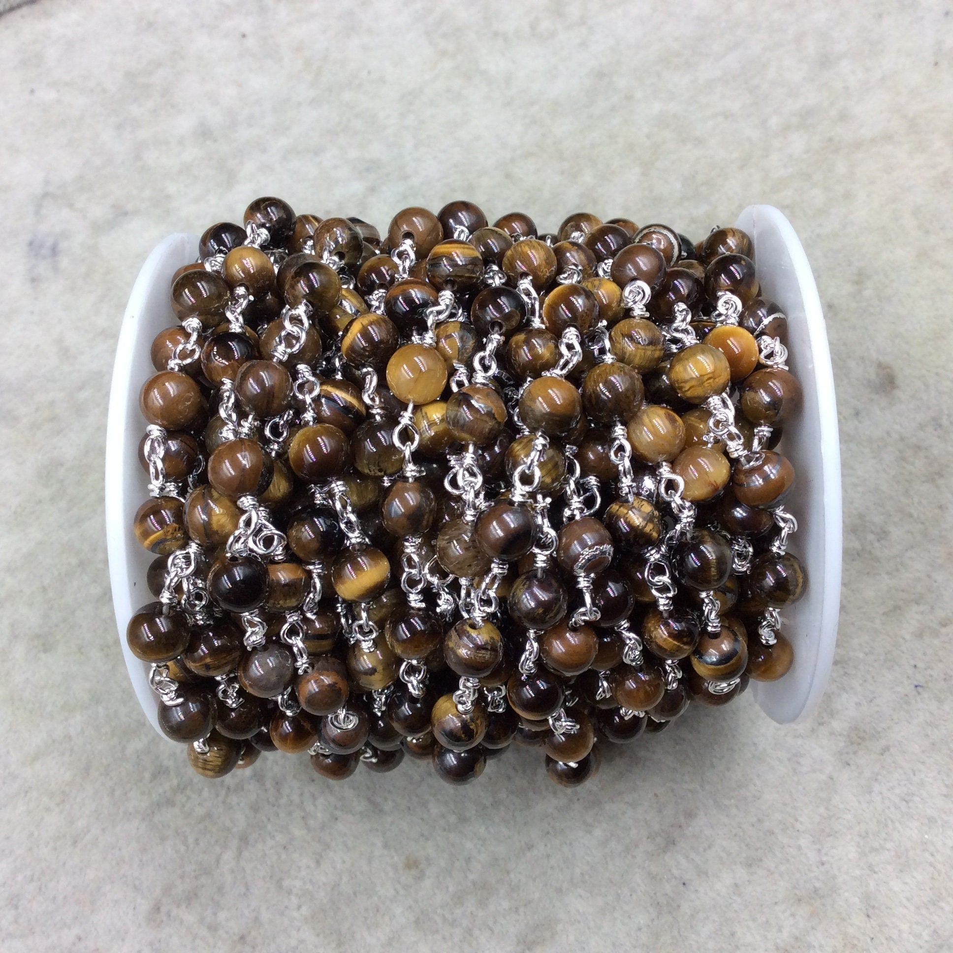 Tiger Eye Rosary Chain - 6mm Beaded Silver Plated Copper Chain