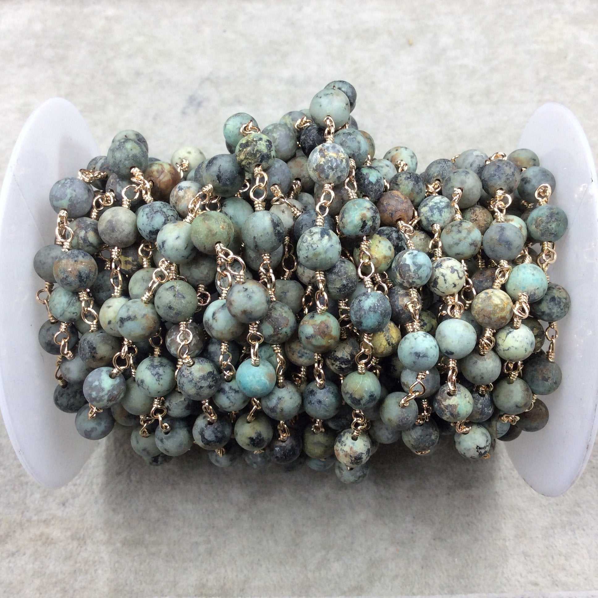 Gold Plated Copper Wrapped Rosary Chain with 8mm MATTE Smooth African Turquoise Jasper Round Shaped Beads - Sold by the foot! (CH421-GD)