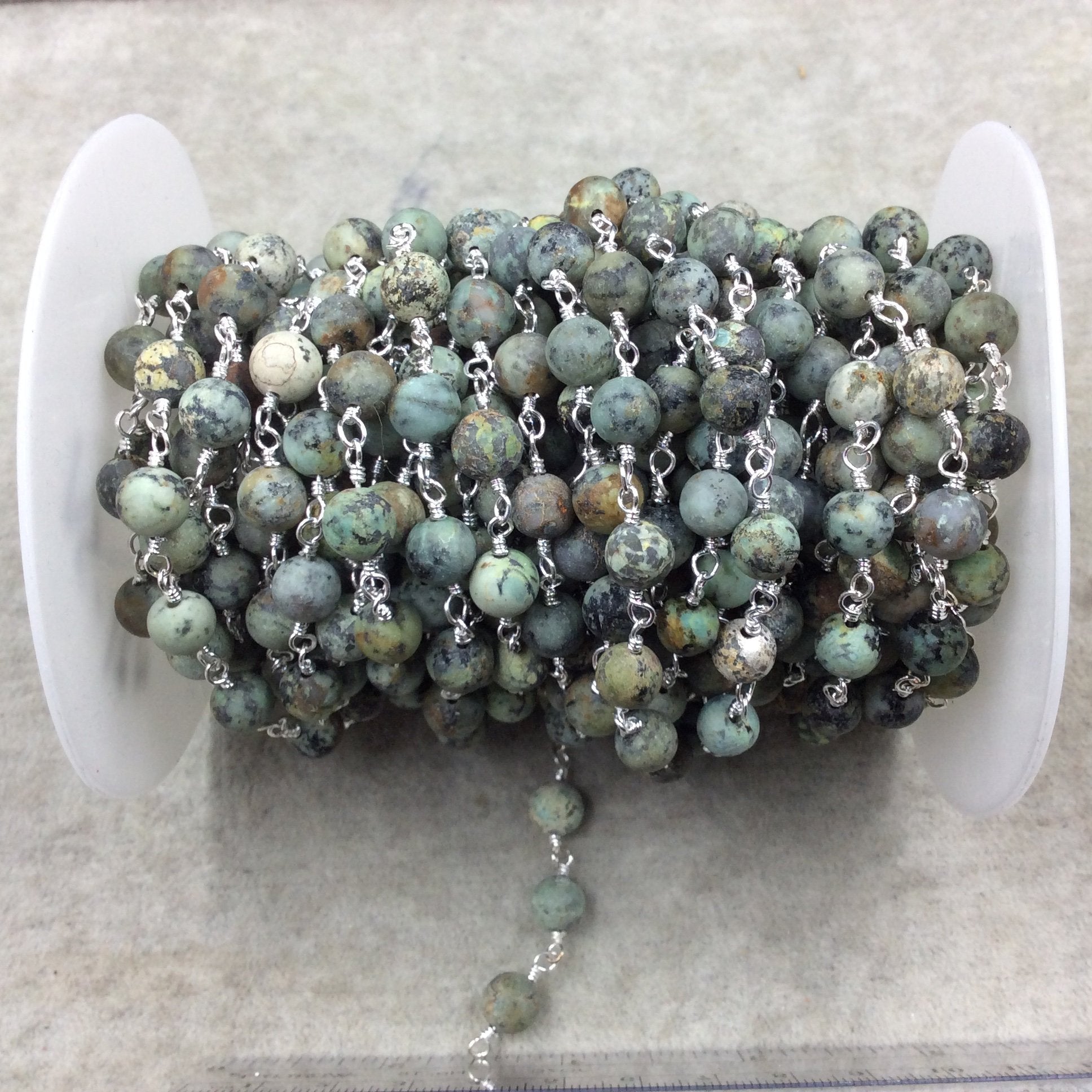 Silver Plated Copper Wrapped Rosary Chain with 8mm MATTE Smooth African Turquoise Jasper Round Shaped Beads - Sold by the foot! (CH421-SV)