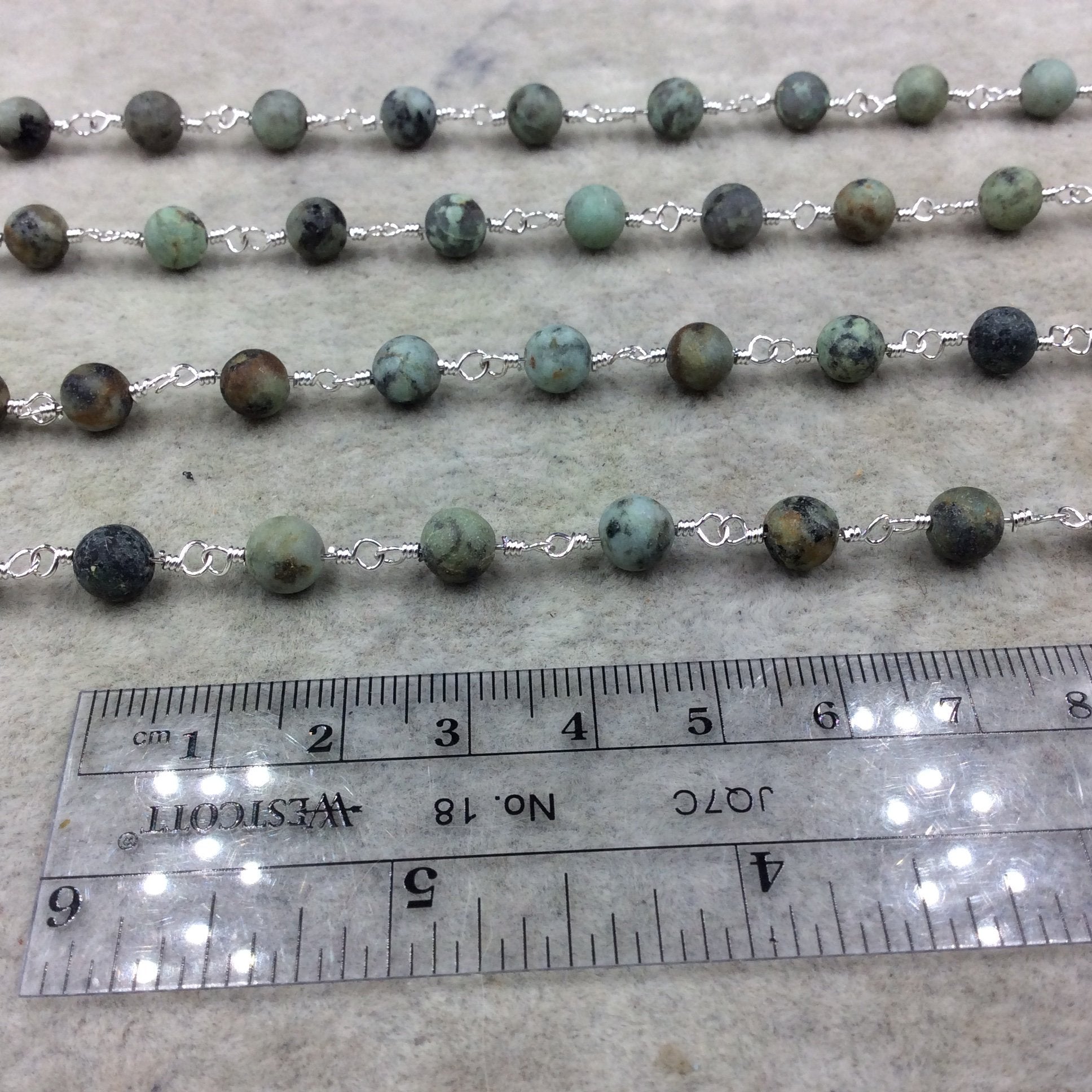 Silver Plated Copper Wrapped Rosary Chain with 6mm MATTE Smooth African Turquoise Jasper Round Shaped Beads - Sold by the foot! (CH315-SV)