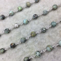 Silver Plated Copper Wrapped Rosary Chain with 8mm MATTE Smooth African Turquoise Jasper Round Shaped Beads - Sold by the foot! (CH421-SV)