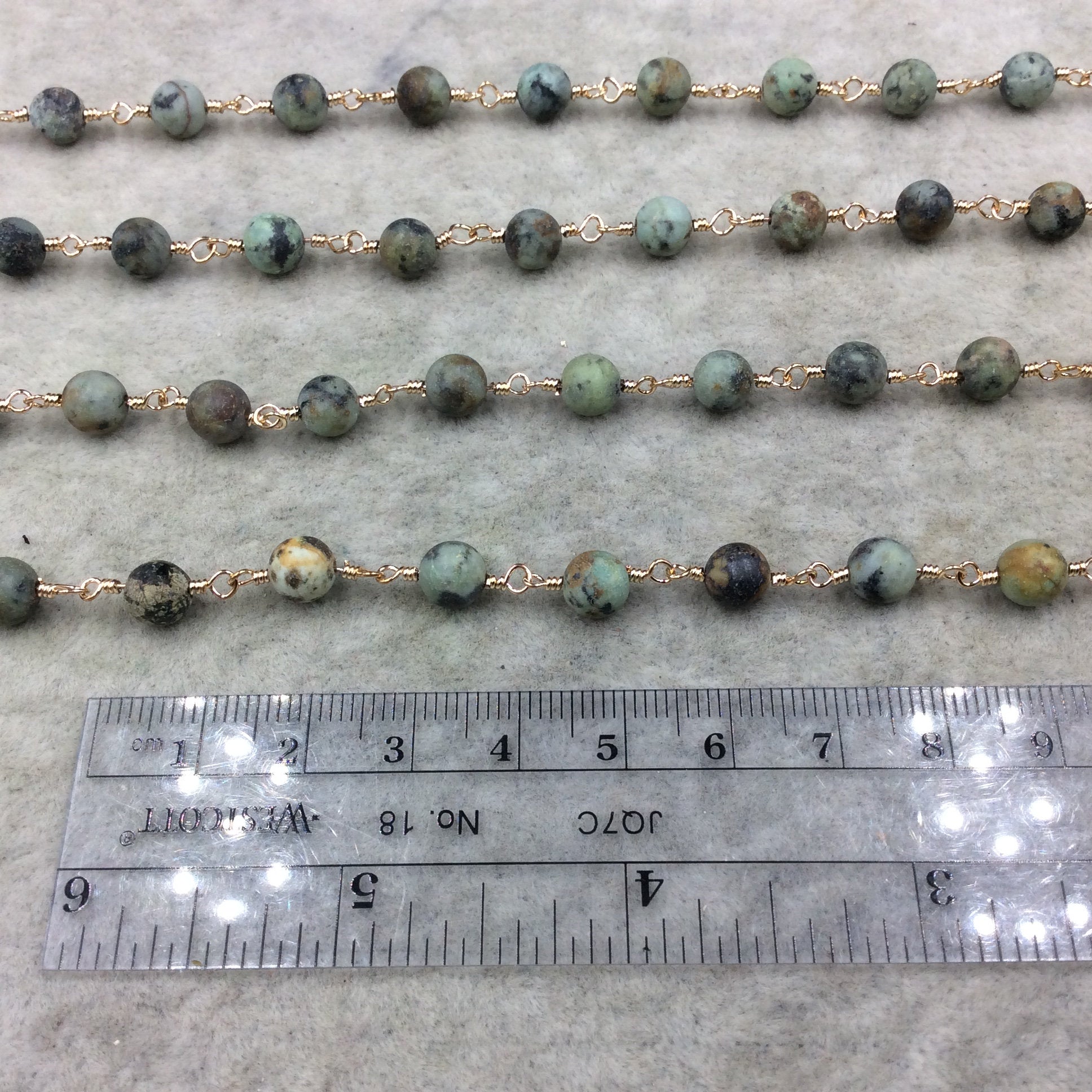 Gold Plated Copper Wrapped Rosary Chain with 6mm MATTE Smooth African Turquoise Jasper Round Shaped Beads - Sold by the foot! (CH315-GD)