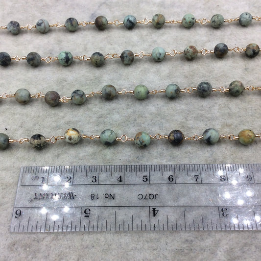 Gold Plated Copper Wrapped Rosary Chain with 6mm MATTE Smooth African Turquoise Jasper Round Shaped Beads - Sold by the foot! (CH315-GD)