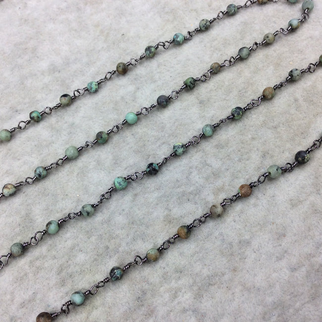 Gunmetal Plated Copper Wrapped Rosary Chain with 4mm MATTE Smooth African Turquoise Jasper Round Shaped Beads - Sold by the foot! (CH205-GM)