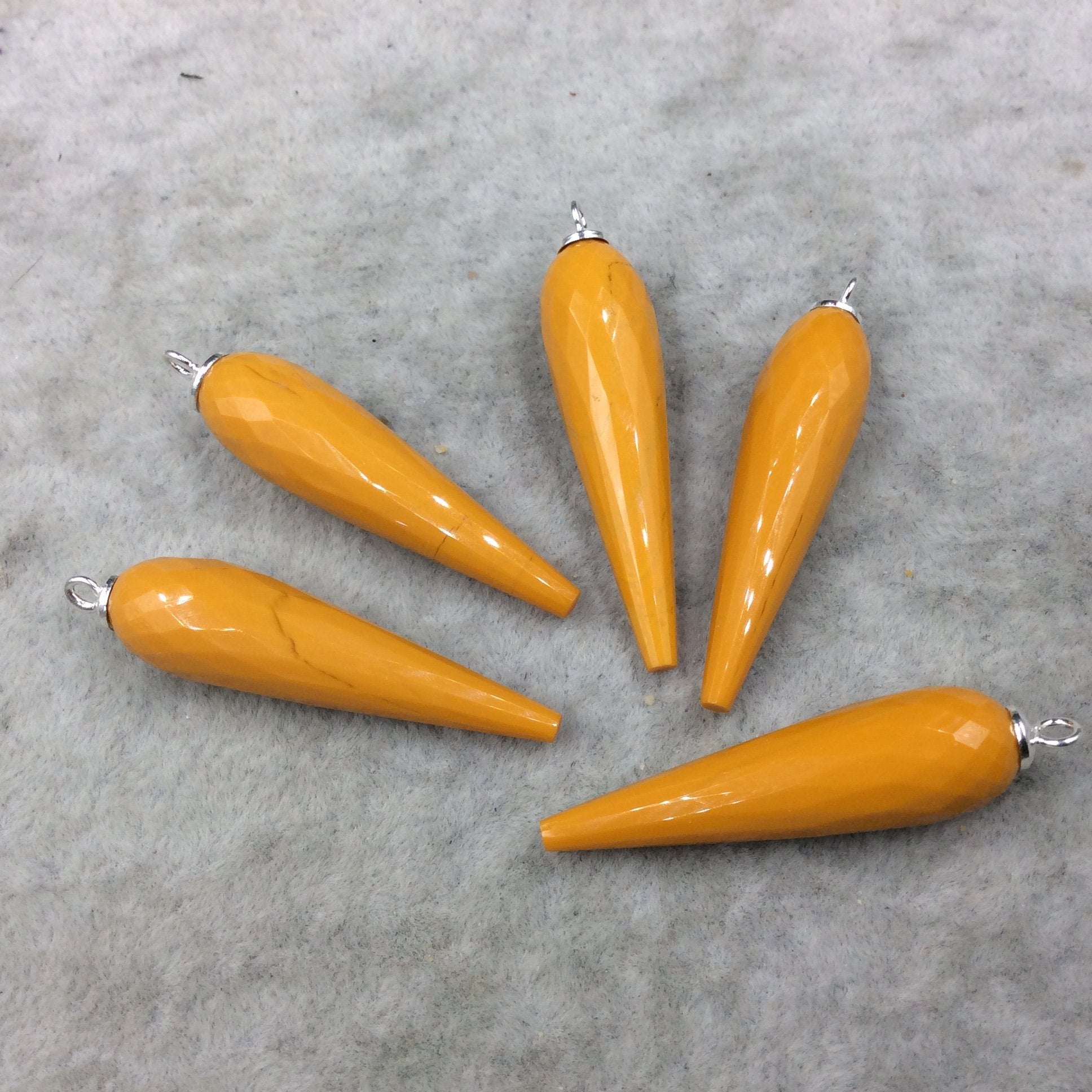 Large Sterling Silver Finish Faceted Spike Opaque Orange Quartz Bezel Component - ~10 x 35-40mm - Sold Per Each, Selected at Random