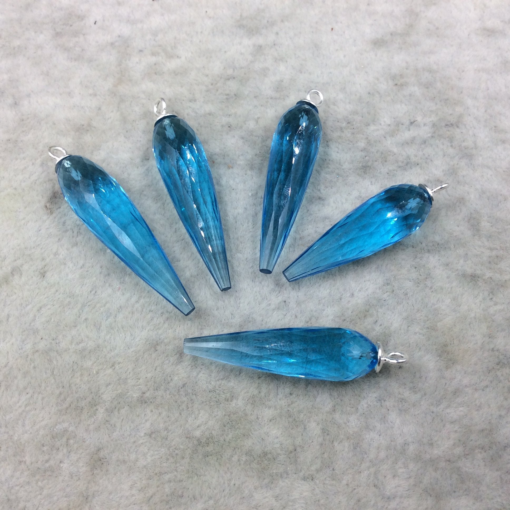 Large Sterling Silver Finish Faceted Spike Transparent Sky Blue Quartz Bezel Component - ~10 x 35-40mm - Sold Per Each, Selected at Random