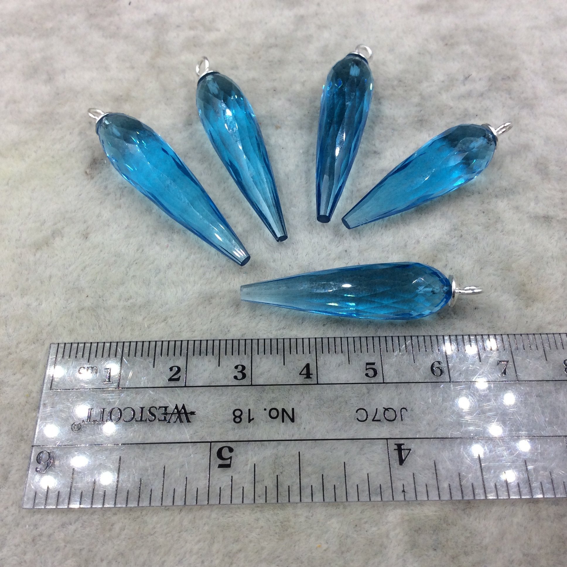 Large Sterling Silver Finish Faceted Spike Transparent Sky Blue Quartz Bezel Component - ~10 x 35-40mm - Sold Per Each, Selected at Random
