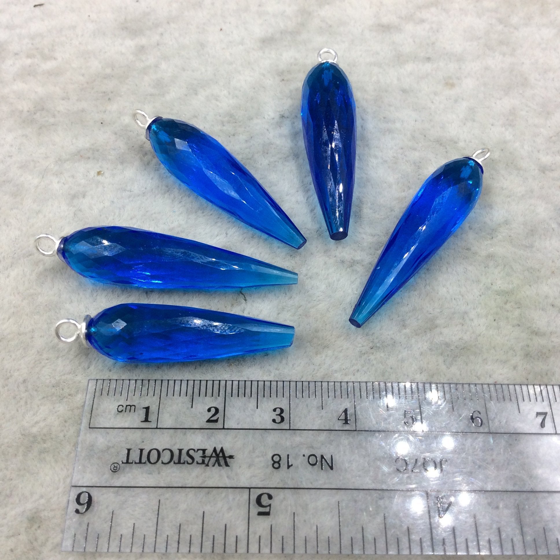 Large Sterling Silver Finish Faceted Spike Transparent Cobalt Blue Quartz Bezel Component  ~10 x 35-40mm - Sold Per Each, Selected at Random