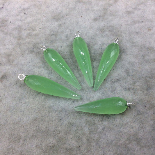 Spring Green Quartz Bezel | Large Sterling Silver Finish Faceted Spike Opaque Pendant Component ~ 10mm x 35 - 40mm - Sold Per Each