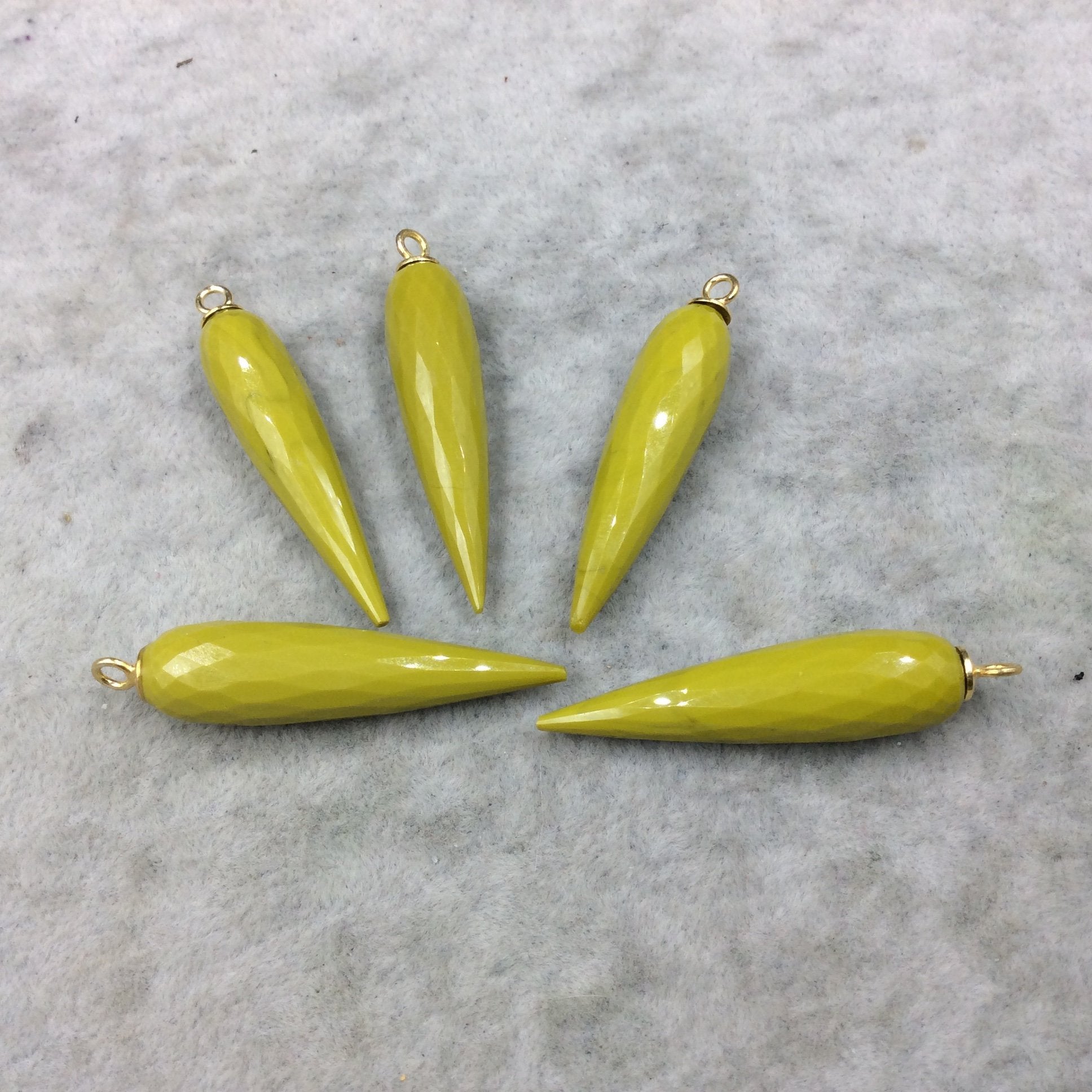 Large Gold Plated Sterling Silver Finish Faceted Spike Opaque Chartreuse Green Quartz Pendant  ~ 10 x 35-40mm - Sold Per Each, At Random