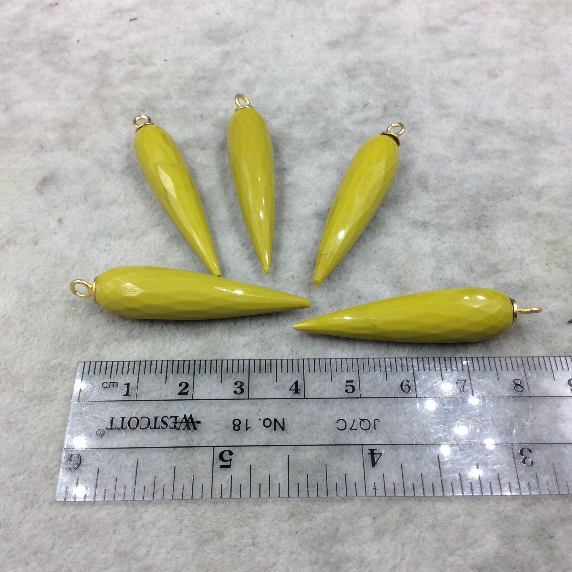 Large Gold Plated Sterling Silver Finish Faceted Spike Opaque Chartreuse Green Quartz Pendant  ~ 10 x 35-40mm - Sold Per Each, At Random