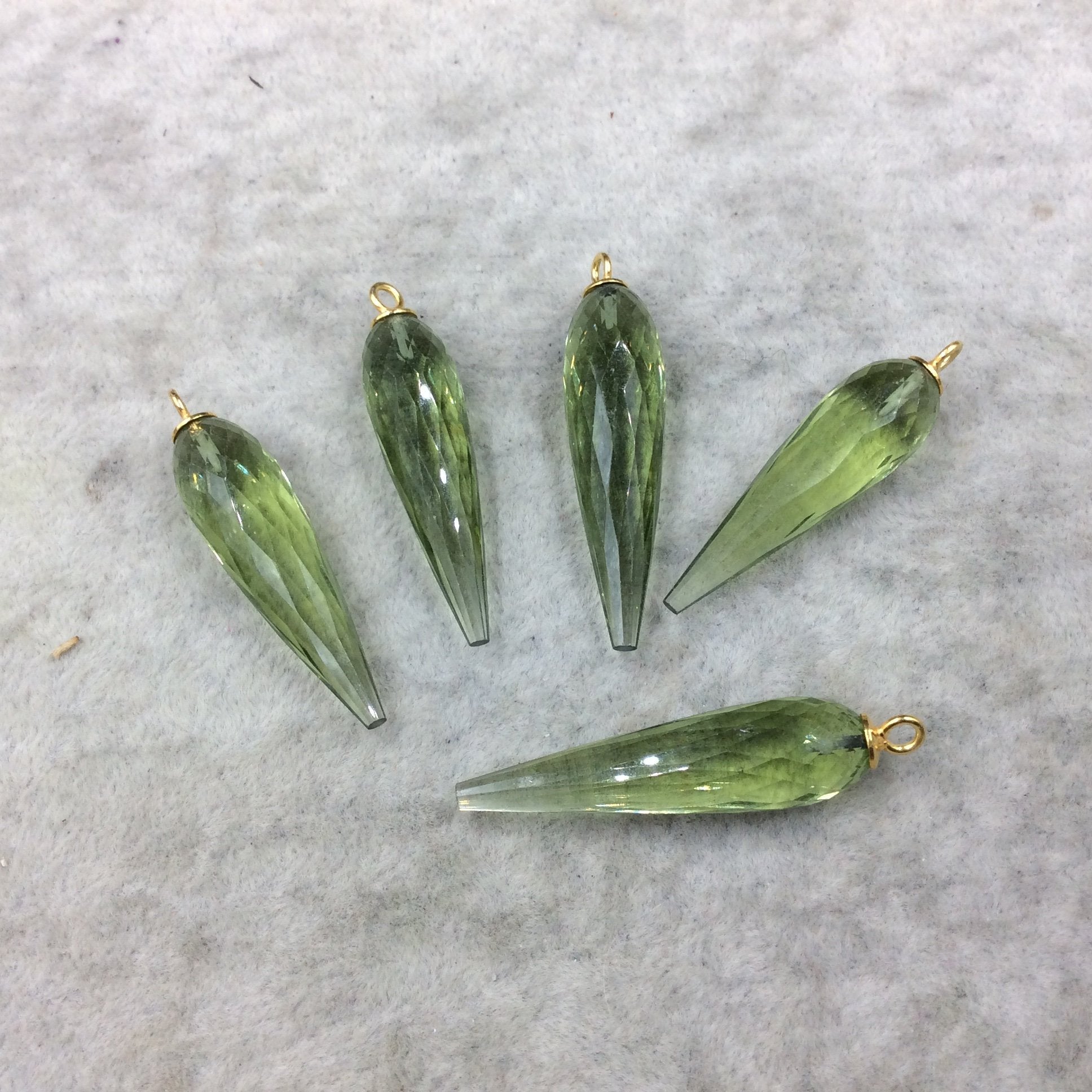 Large Gold Plated Sterling Silver Finish Faceted Spike Transparent Light Green Quartz Pendant  ~ 10 x 35-40mm - Sold Per Each, At Random
