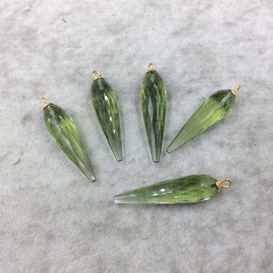 Large Gold Plated Sterling Silver Finish Faceted Spike Transparent Light Green Quartz Pendant  ~ 10 x 35-40mm - Sold Per Each, At Random