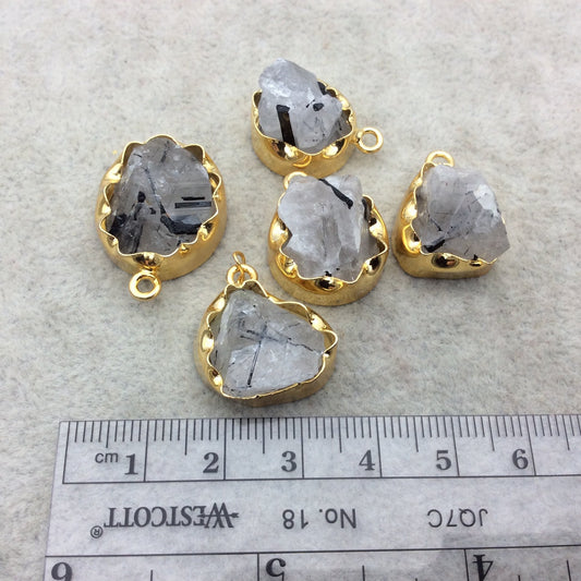 Gold Finish Large Raw Nugget Genuine Rutilated Quartz Wavy Bezel Pendant - ~ 16mm - 20mm Long - Sold Individually, Selected Randomly