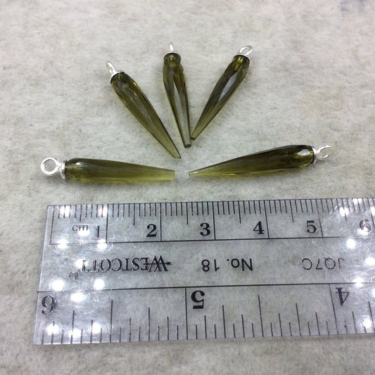 Olive Green Quartz Bezel | Small Sterling Silver Finish Faceted Spike Transparent Component - 7mm x 22-25mm - Sold Per Each