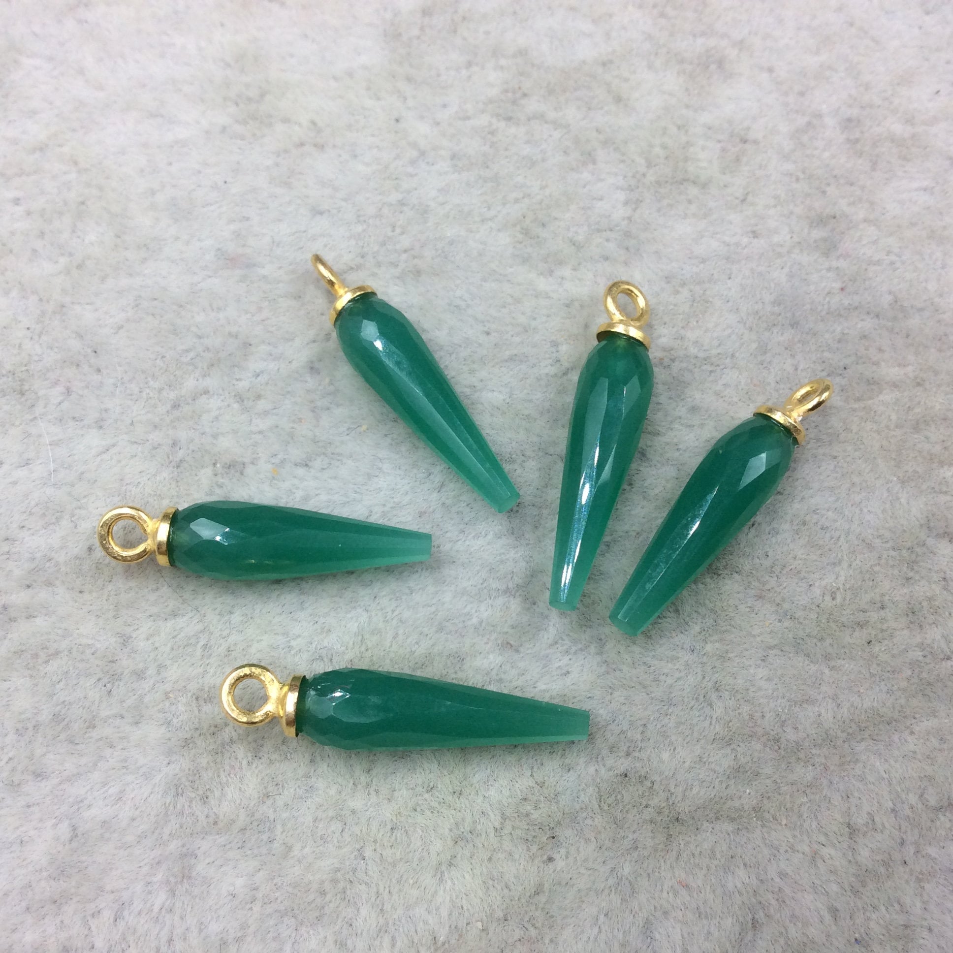 Small Gold Plated Sterling Silver Finish Faceted Spike Opaque Emerald Green Quartz Pendant  ~ 7 x 22-25mm - Sold Per Each, At Random