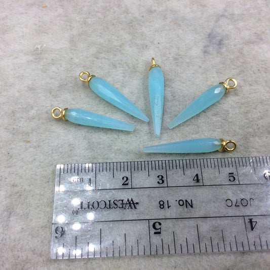Aqua Blue Quartz Bezel | Small Gold Plated Sterling Silver Finish Faceted Spike Opaque Pendant ~ 7mm x 22-25mm - Sold Per Each, At Random