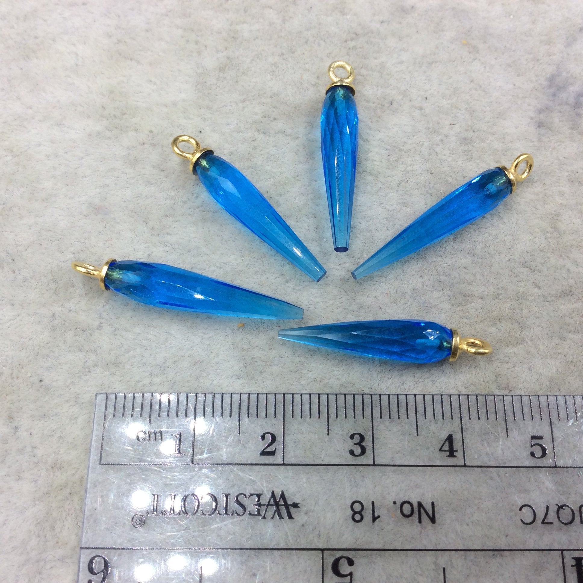 Small Gold Plated Sterling Silver Finish Faceted Spike Transparent Cerulean Blue Quartz Pendant  ~ 7 x 22-25mm - Sold Per Each, At Random