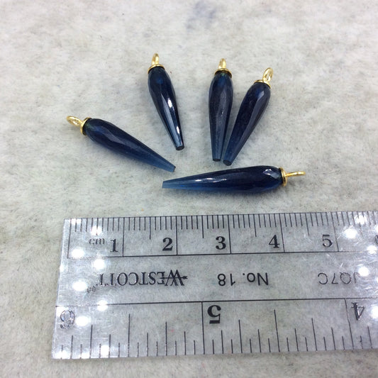 Small Gold Plated Sterling Silver Finish Faceted Spike Transparent Navy Blue Quartz Pendant  ~ 7 x 22-25mm - Sold Per Each, At Random