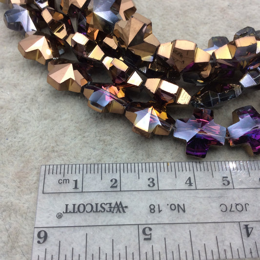 Chinese Crystal Beads | 13mm x 13mm Glossy Faceted Transparent Metallic Purple Orange Copper Cross Shaped glass Beads