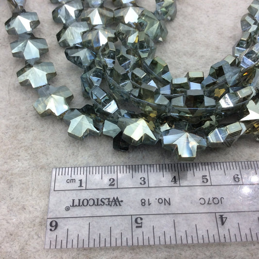 13mm x 13mm Glossy Faceted Transparent/Metallic Silver/Gray Crystal Glass Cross Shaped Beads - Sold By 12" Strands (~ 22 Beads)