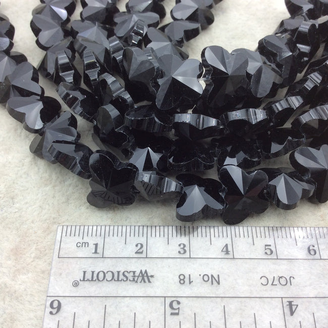 12mm x 15mm Glossy Faceted Black Crystal Glass Butterfly Shaped Beads - Sold By 12" Strands (~ 25 Beads)
