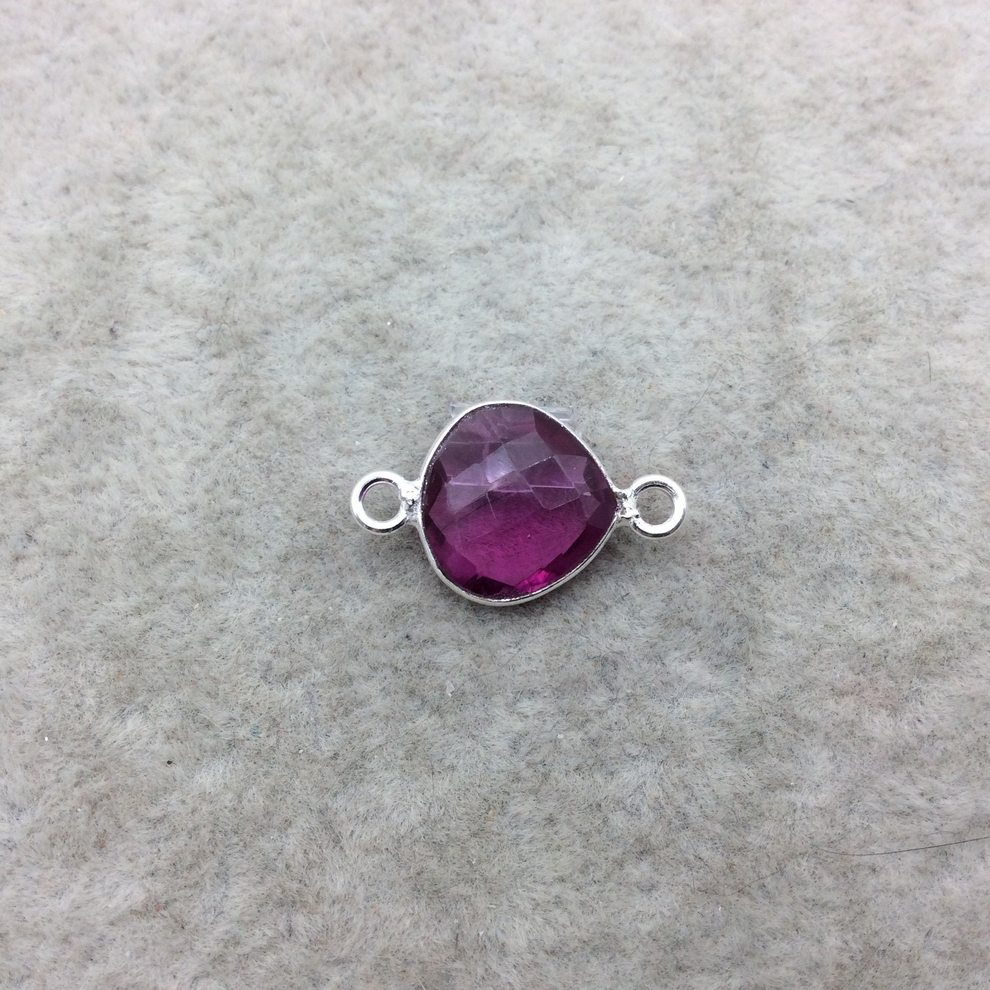 Sterling Silver Faceted Magenta (Lab Created) Quartz Heart/Teardrop Shaped Bezel Connector - Measuring 12mm x 12mm - Sold Individually