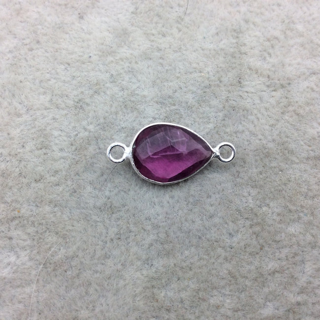 Sterling Silver Faceted Magenta (Lab Created) Quartz Teardrop Shaped Bezel Connector - Measuring 10mm x 15mm - Sold Individually