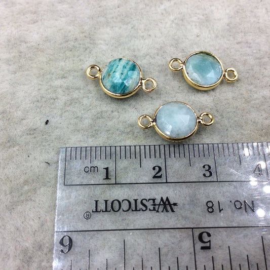Gold Plated Natural Amazonite Faceted Round/Coin Shaped Copper Bezel Connector/Link - Measures 8mm x 8mm - Sold Individually, Random