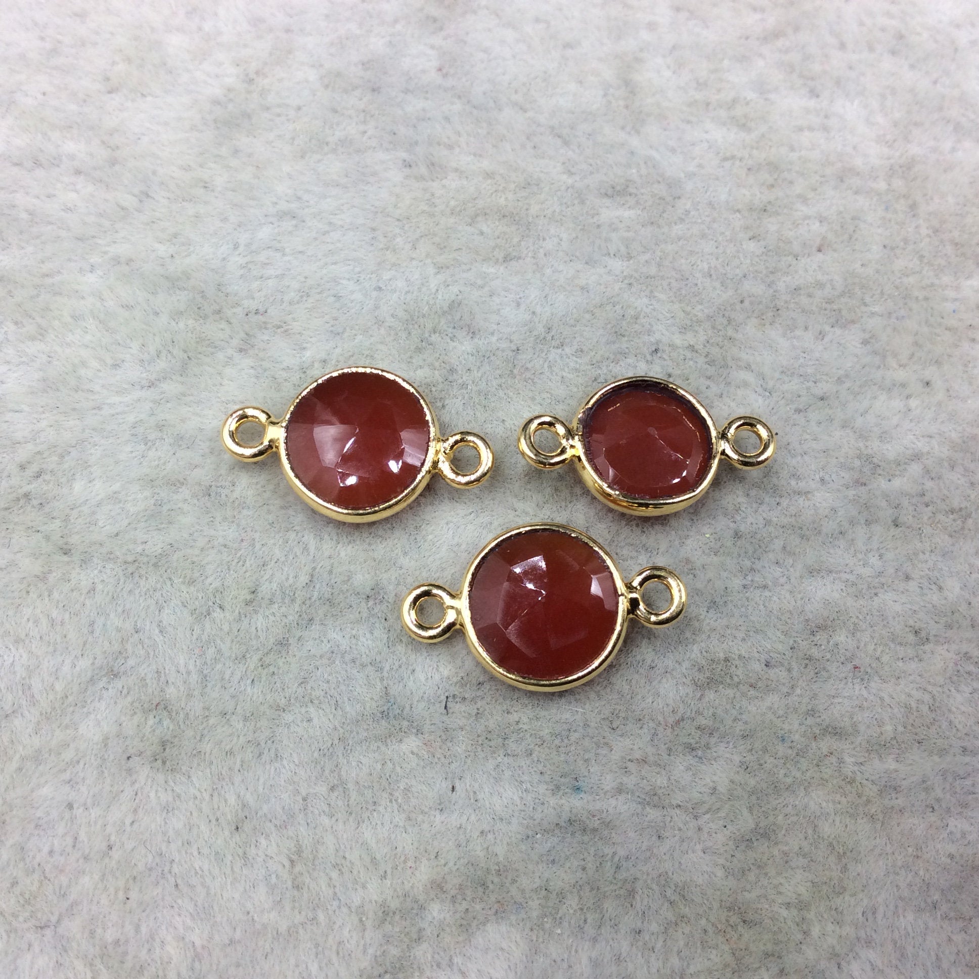 Carnelian Red Agate Gold Finish Faceted Round/Coin Shaped Plated Copper Bezel Connector - Measuring 10mm - Gemstone - Sold Individually