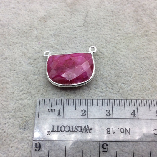 Sterling Silver Faceted Half Moon Shape Corundum/Ruby Bezel 2 Ring Pendant/Connector Component - ~ 16mm x 20mm - Natural  Gemstone