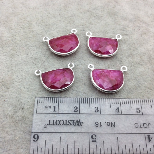 Sterling Silver Faceted Half Moon Shape Corundum/Ruby Bezel 2 Ring Pendant/Connector Component - ~ 16mm x 12mm - Natural Gemstone