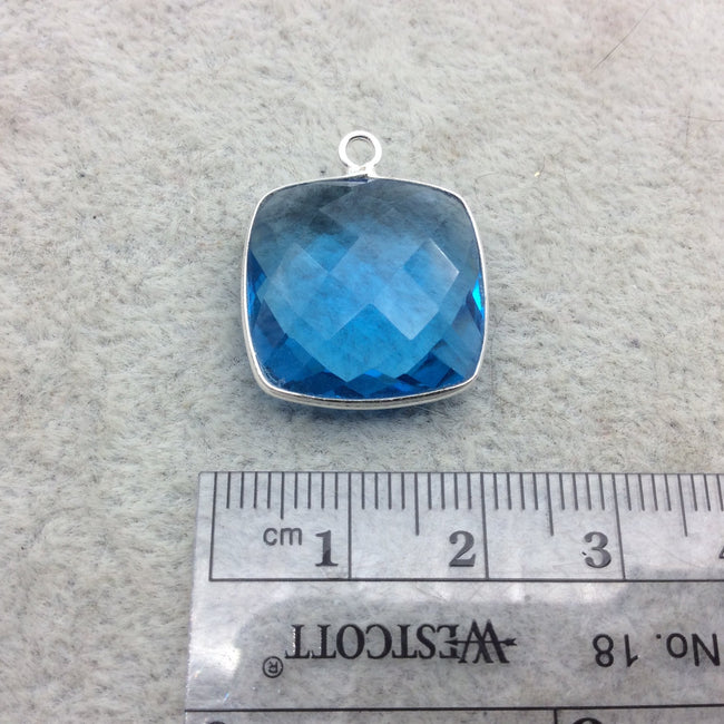 Sterling Silver Faceted Square Shape Ocean Blue Hydro (Lab Created) Quartz Bezel Pendant Component - ~ 18mm x 18mm - Natural Gemstone