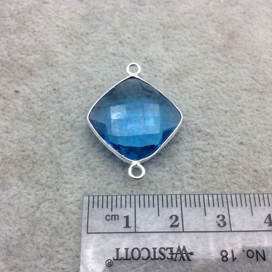 Sterling Silver Faceted Diamond Shape Ocean Blue Hydro (Lab Created) Quartz Bezel Connector Component - ~ 18mm x 18mm - Natural Gemstone