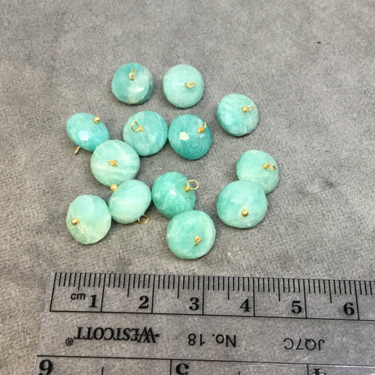 Gold Plated Natural Amazonite Facted Rondelle Shaped Loop Pendant - Measuring 10-11mm, Approx. - Sold Individually, Randomly