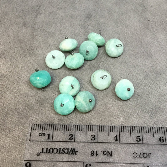 Gunmetal Plated Natural Amazonite Facted Rondelle Shaped Loop Pendant - Measuring 10-11mm, Approx. - Sold Individually, Randomly