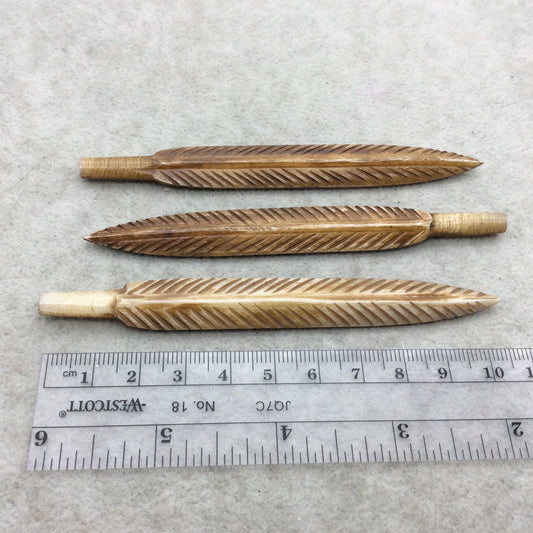 4" Detailed Light Brown Carved Feather Shape Natural Ox Bone Component W .8mm PARTIALLY End Drilled 1/4" Hole  ~  12mm x 100-110mm Approx.