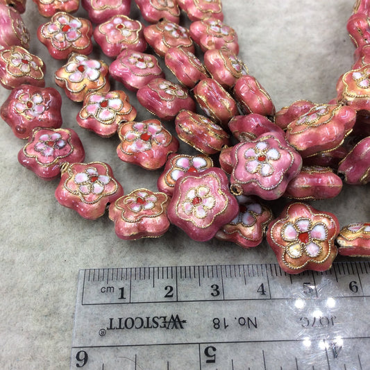 16mm Decorative Floral Multicolor Rose Puffed Flower Shaped Metal/Enamel Cloisonné Beads - Sold by 15" Strands (Approx. 26 Beads Per Strand)