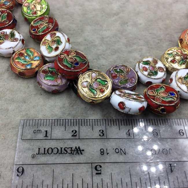 14mm Decorative Floral Multicolored Flat Disc/Coin Shaped Metal/Enamel Cloisonné Beads - Sold by 15" Strands (Approx. 29 Beads Per Strand)