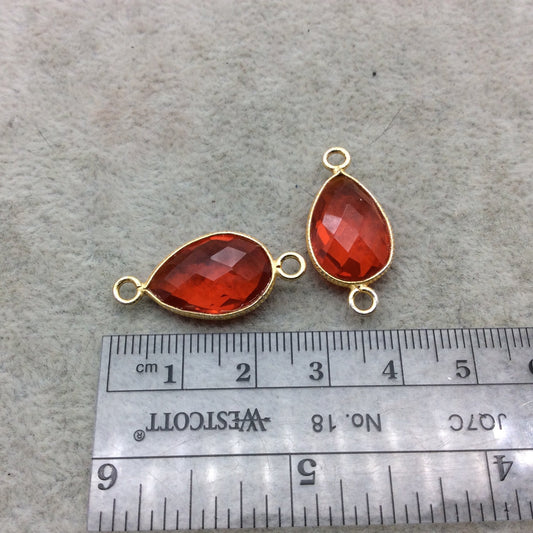 Gold Vermeil Faceted Orange Hydro (Lab Created) Quartz Teardrop Shape Bezel Connector W Asst. Patterned Wire ~ 12mm x 17mm - Sold Per Each