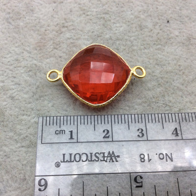 Gold Vermeil Faceted Orange Hydro (Lab Created) Quartz Diamond Shaped Bezel Connector W Asst. Patterned Wire ~ 18mm x 18mm - Sold Per Each