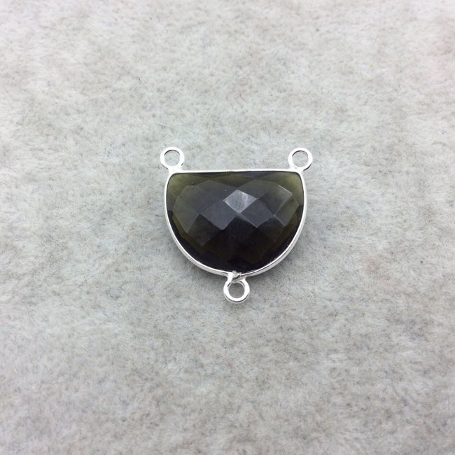 Sterling Silver Faceted Dark Olive (Lab Created) Quartz Half Moon Shaped Bezel 3 Ring Connector - Measuring 16mm x 20mm - Sold Individually