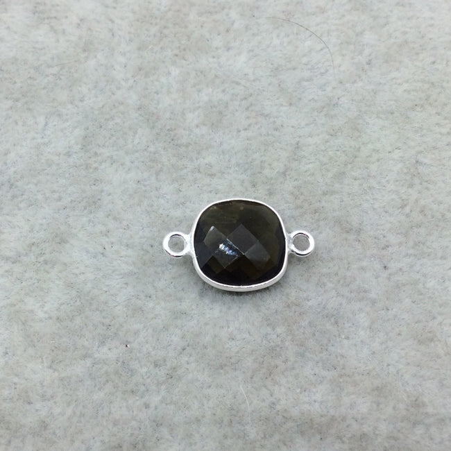 Sterling Silver Faceted Dark Olive (Lab Created) Quartz Square Shaped Bezel Connector - Measuring 12mm x 12mm - Sold Individually