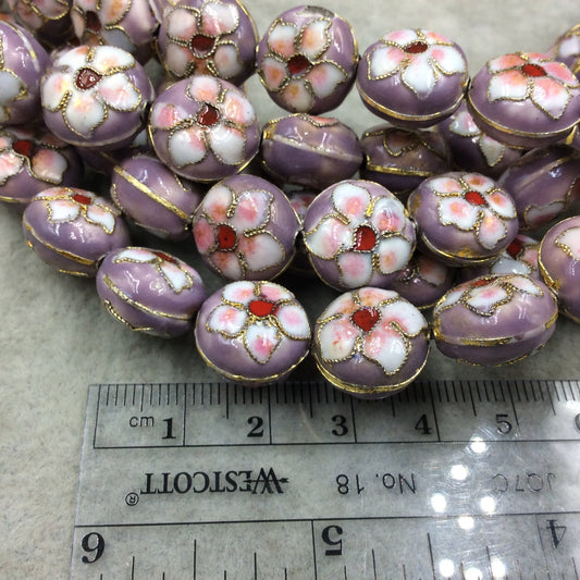15mm Decorative Floral Lavender Round Pillow Shaped Metal/Enamel Cloisonné Beads - Sold by 15" Strands (Approx. 28 Beads Per Strand)